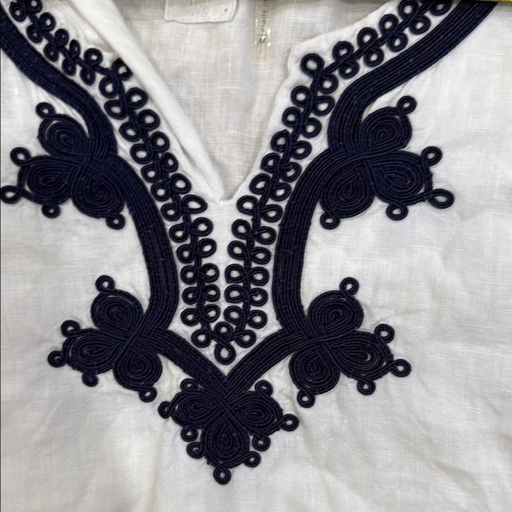 Symple NYC Tunic Embroidered Linen White and Navy Top size medium - Picture 7 of 13